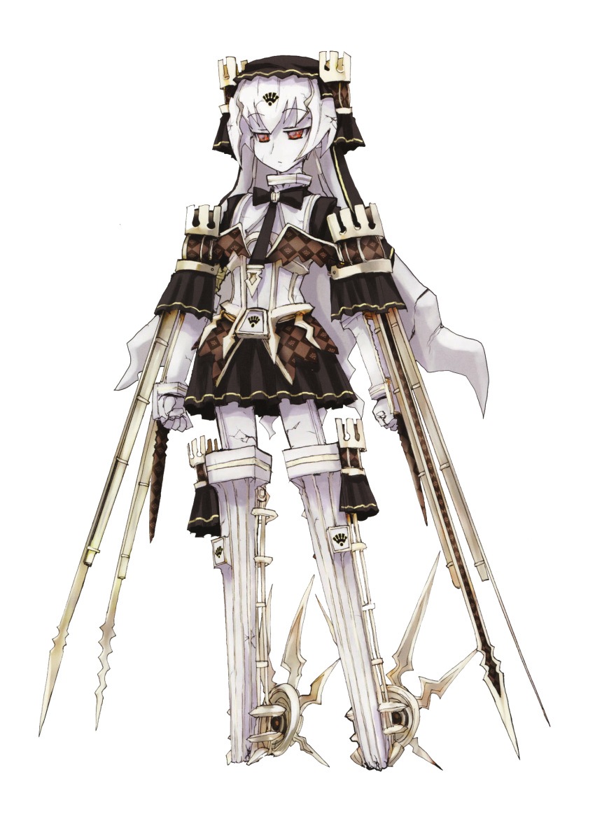 1girl, albino, arm_mounted_weapon, artist_request, clenched_hands, colored_skin, gun, highres, long_hair, mecha_musume, mechabare, merem_solomon's_demon_of_the_right_arm, red_eyes, short_sleeves, skirt, solo, third-party_edit, third-party_extraction, third-party_source, transparent_background, tsukihime, weapon, white_hair, white_skin