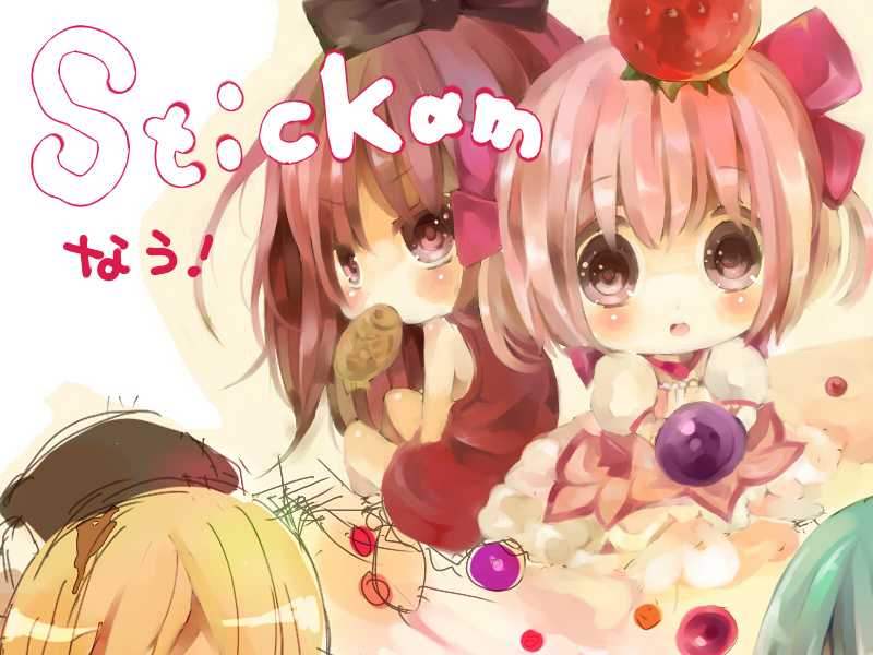 bad_id, bare_legs, bare_shoulders, beret, blonde_hair, bow, food, fruit