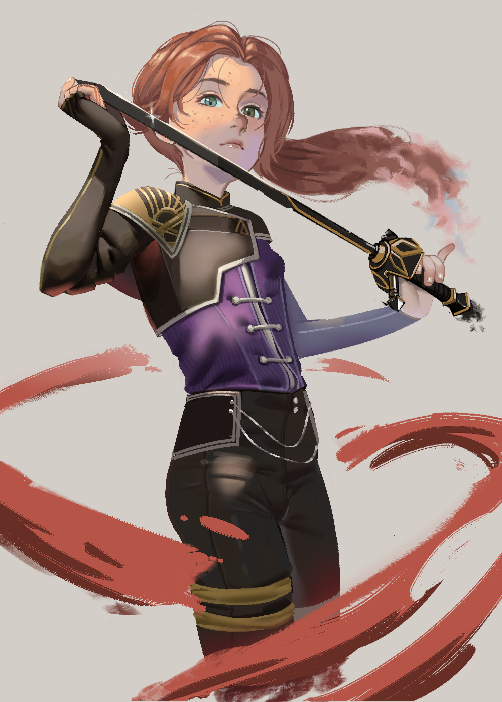 1girl, black_pants, clair_obscur:_expedition_33, closed_mouth, commentary_request, english_commentary, freckles, french_commentary