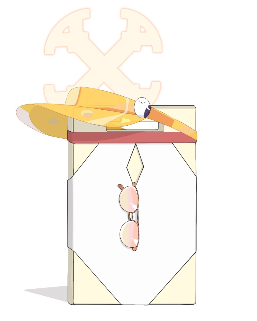 bird, blue_archive, commentary, cutting_board, english_commentary, eyewear_hang, halo, highres, no_humans, objectification, official_alternate_costume, one-piece_swimsuit, redvstar, seia_(blue_archive), seia_(swimsuit)_(blue_archive), simple_background, sunglasses, swimsuit, tinted_eyewear, unworn_eyewear, visor_cap, white_background, white_one-piece_swimsuit, yellow_halo