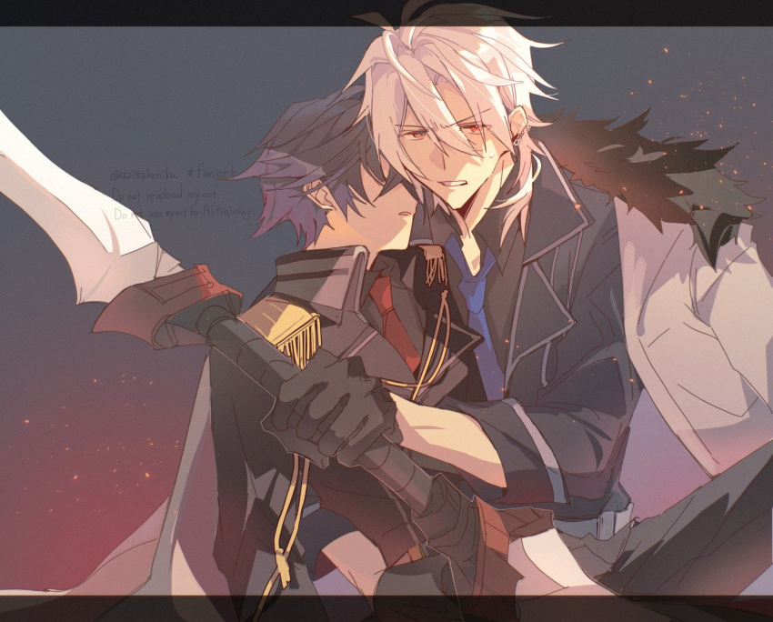 2boys, ahoge, aiguillette, azitsukeniku, black_gloves, black_hair, blue_necktie, coat