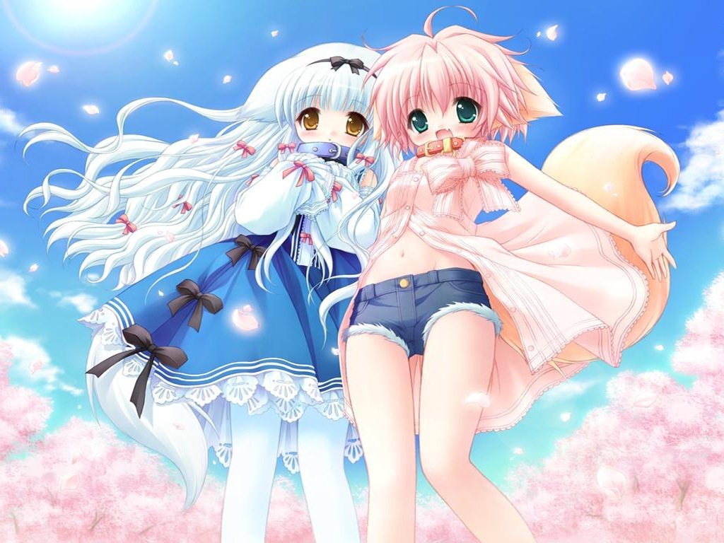 2girls, animal_ears, blue_hair, brown_eyes, chain, collar, doggirl, dress