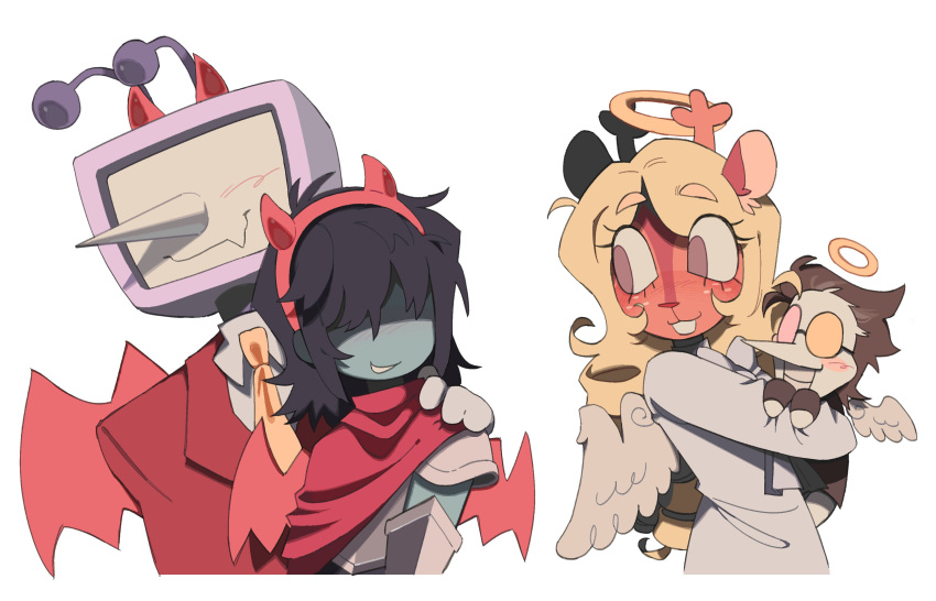 1girl, 1other, 2boys, absurdres, angel, angel_wings, animal_ears, ant_tenna, black_hair, blonde_hair, blue_skin, cape, carrying, carrying_person, colored_skin, commentary, crt, deer_ears, deltarune, demon_horns, demon_wings, edengelical, english_commentary, fake_horns, fang, hairband, halo, heterochromatic_eyewear, highres, horn_hairband, horns, kris_(dark_world)_(deltarune), kris_(deltarune), multiple_boys, noelle_holiday, noelle_holiday_(dark_world), object_head, pink-tinted_eyewear, pointy_nose, red_cape, red_hairband, red_horns, red_wings, robe, round_eyewear, side_cape, smile, spamton_g._spamton, tinted_eyewear, white_robe, wings, yellow-tinted_eyewear