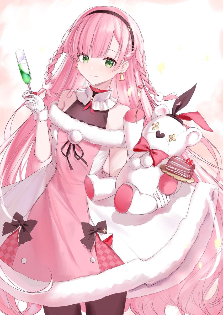 1girl, absurdres, alcohol, arcaea, bare_shoulders, bell, bell_earrings, black_bow