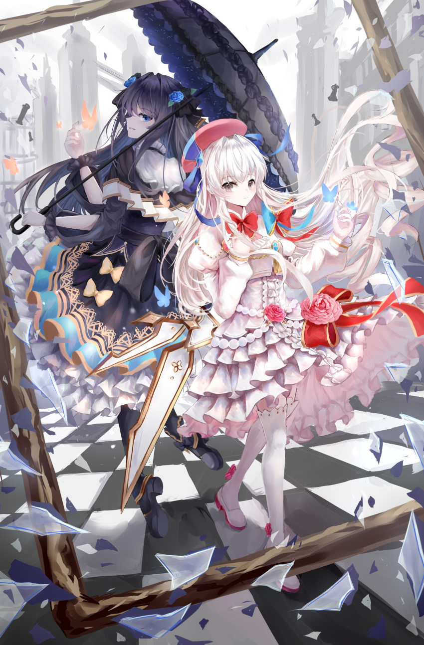 2girls, absurdres, ankle_boots, arcaea, arm_cutout, black_boots, black_capelet, black_dress