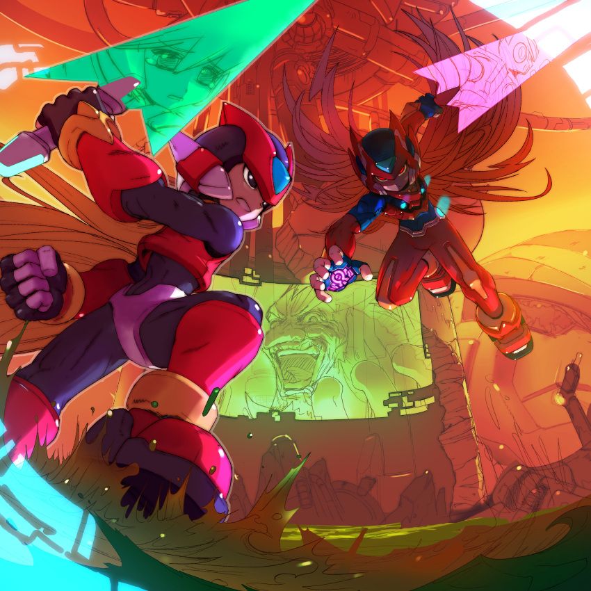 2boys, absurdres, android, armor, blonde_hair, ciel_(mega_man), dr._weil_(mega_man), energy_sword