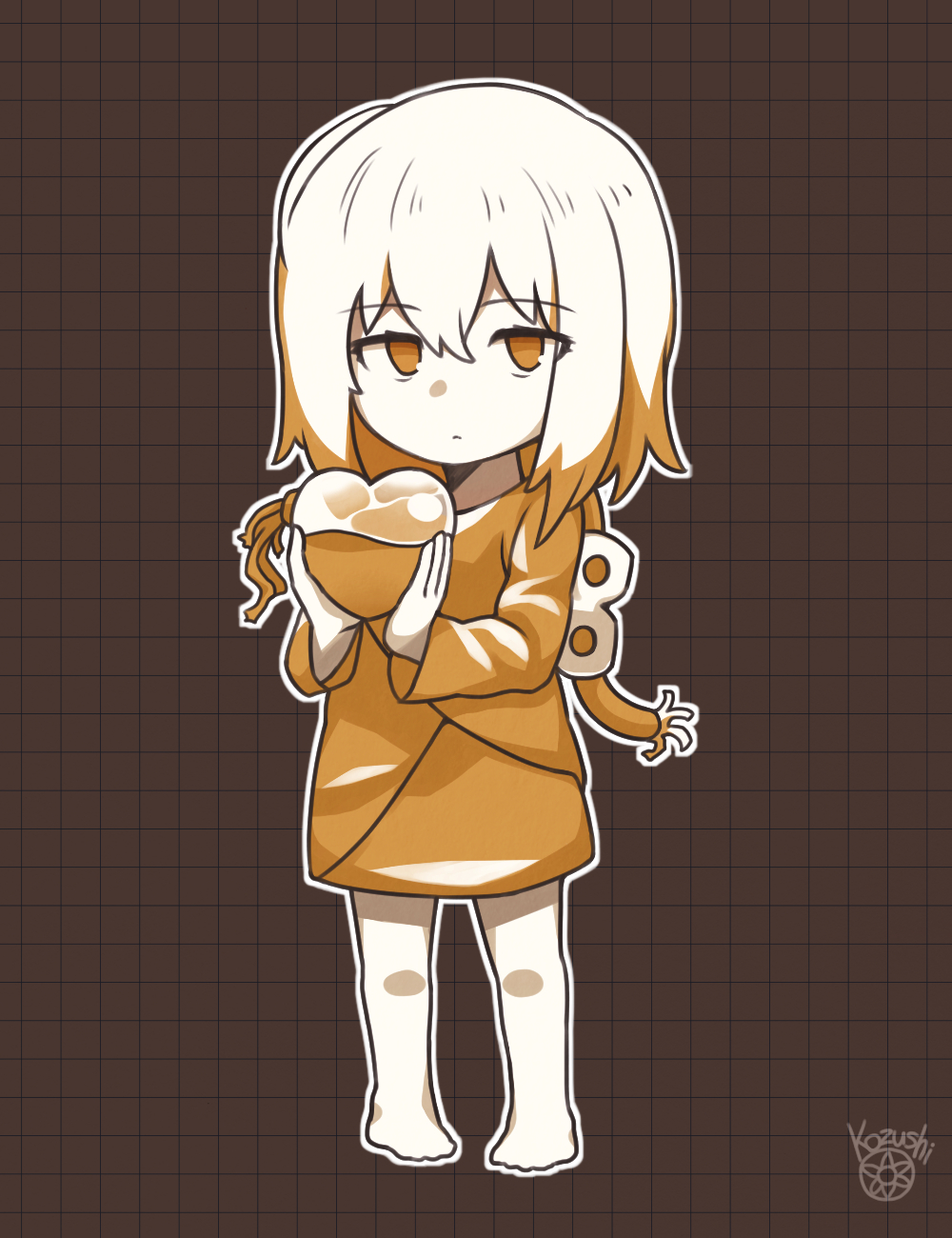 1girl, :o, artist_logo, barefoot, chibi, grid_background, heart, highres