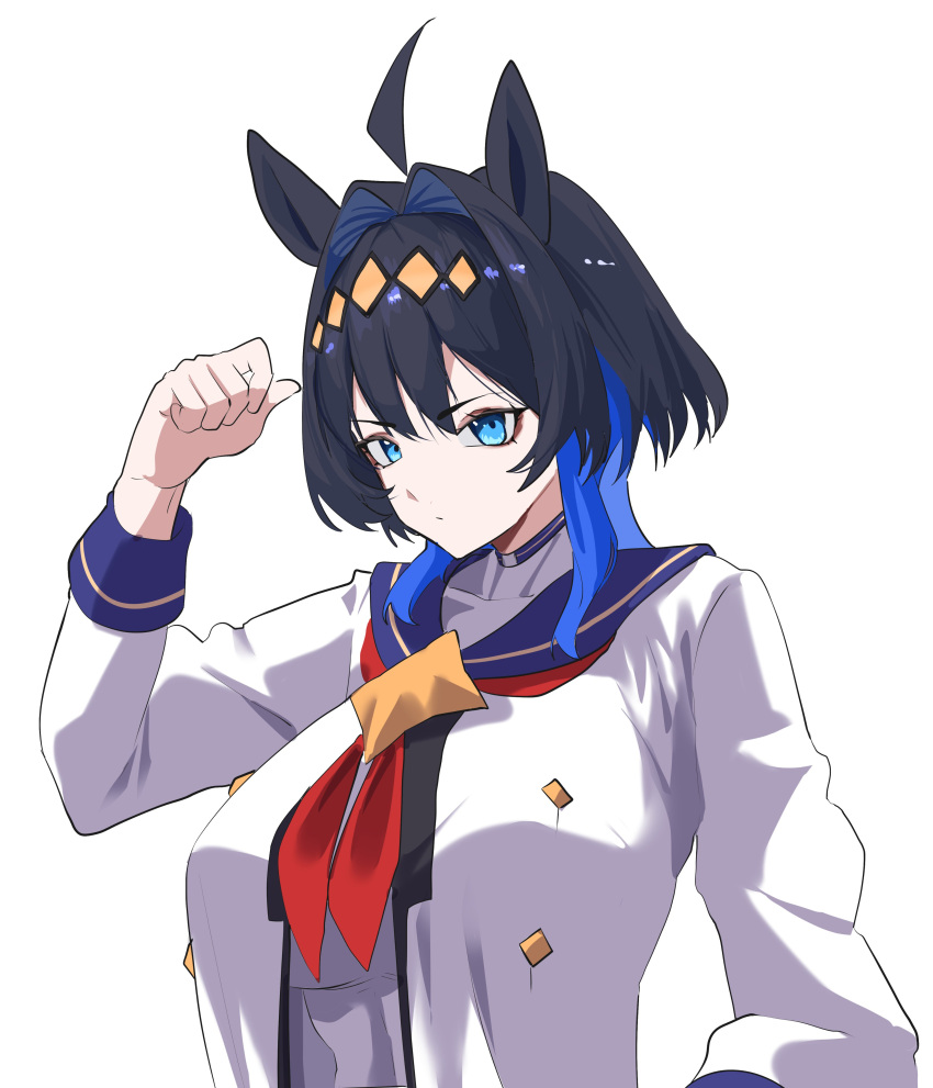 1girl, absurdres, ahoge, animal_ears, black_hair, blue_eyes, blue_hair, breasts, closed_mouth, cosplay, daaku_(koizumi_arata), diamond_hairband, hair_intakes, hand_up, highres, hololive, hololive_english, horse_ears, horse_girl, huge_breasts, jacket, multicolored_hair, neckerchief, oguri_cap_(umamusume), oguri_cap_(umamusume)_(cosplay), ouro_kronii, red_neckerchief, simple_background, solo, two-tone_hair, umamusume, virtual_youtuber, white_background, white_jacket