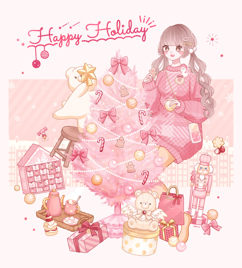 >_<, 1girl, absurdres, advent_calendar, ari_(oonmnmooo), artist_name, bear, bow