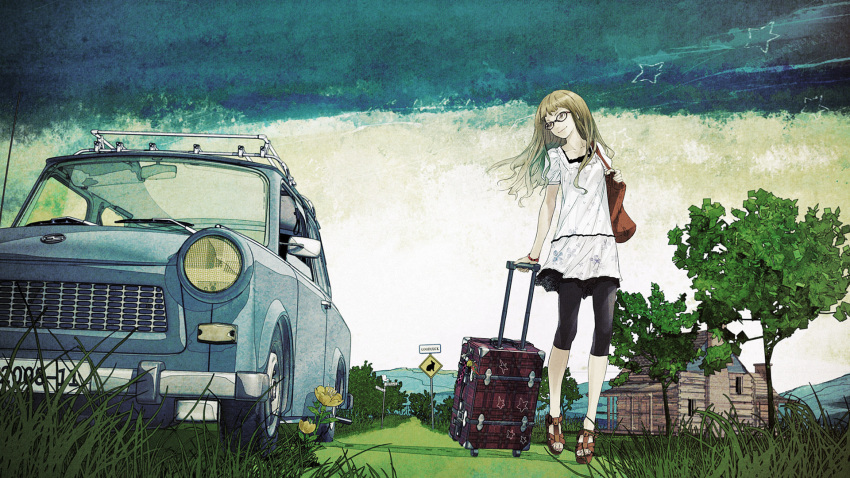blonde_hair, car, character_request, dress, flower, glasses, grass, happy