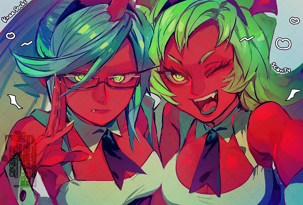 2girls, blue_hair, breasts, colored_skin, demon_girl, demon_horns, green_eyes, green_hair