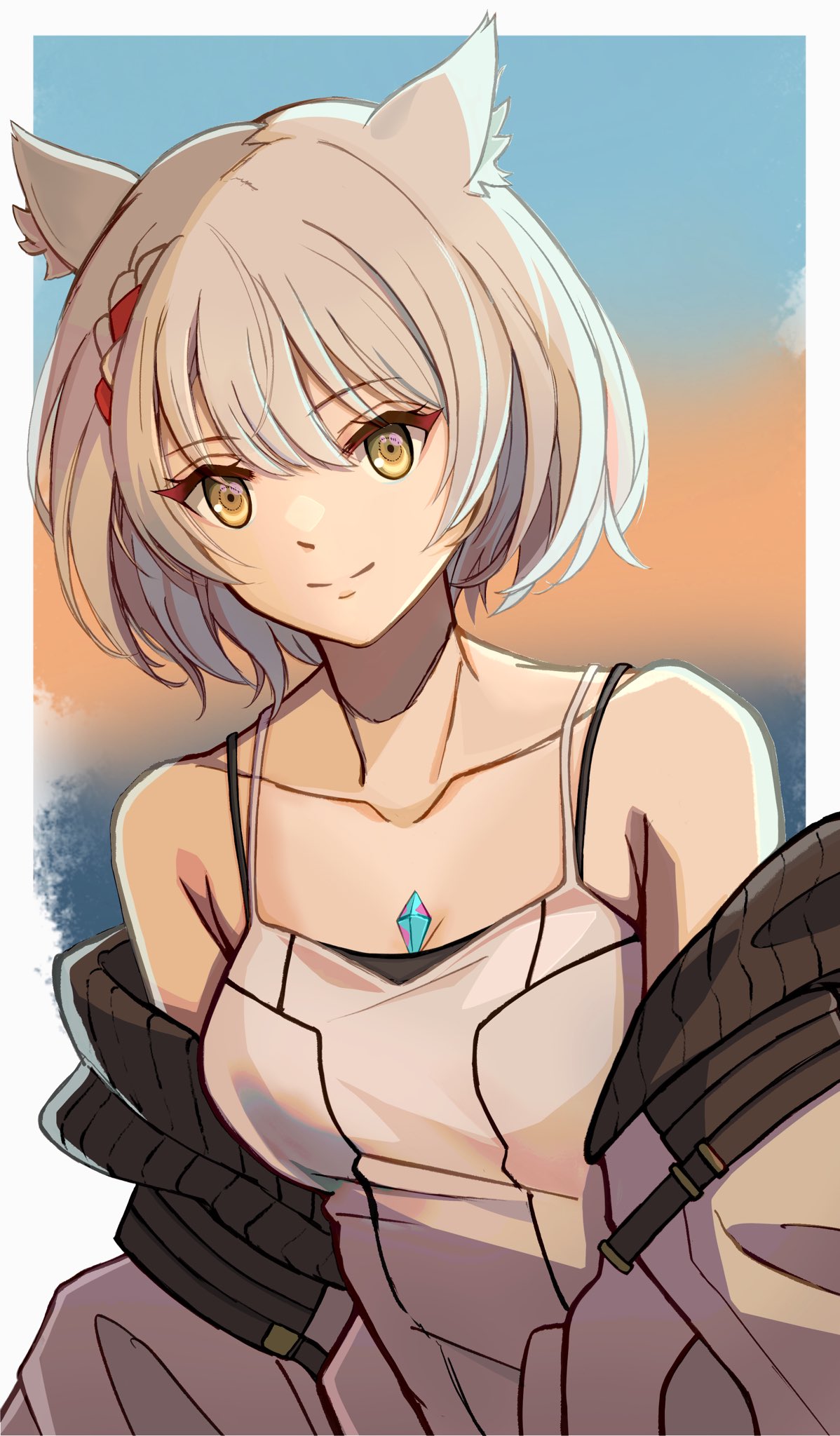 1girl, animal_ear_fluff, animal_ears, blurry, blurry_background, border, breasts, cat_ears