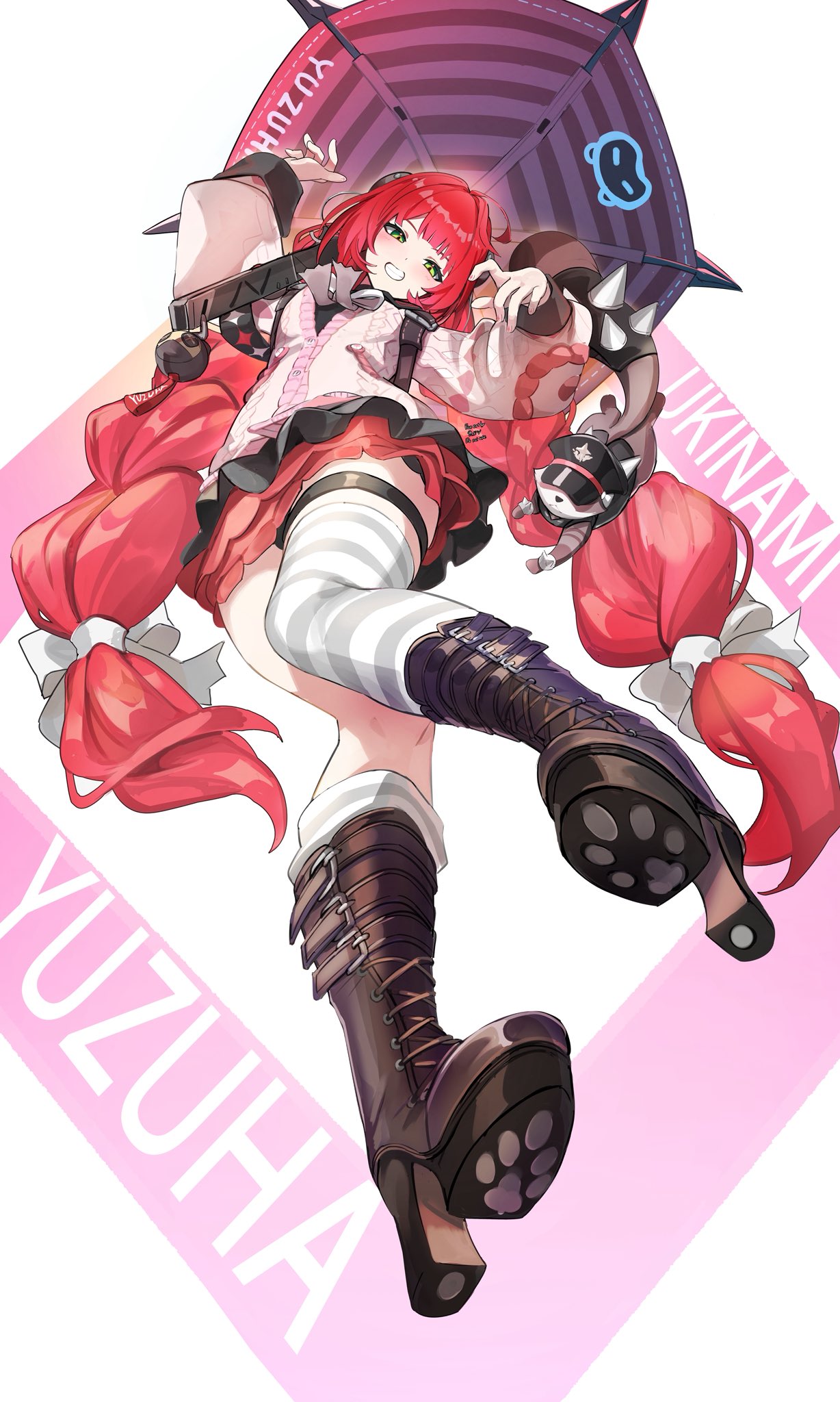 1girl, asymmetrical_legwear, black_boots, boots, bow, braided_twintails, cardigan, character_name