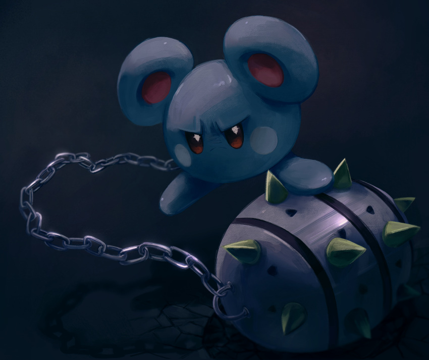 absurdres, angry, azurill, chain, clip_studio_paint_(medium), closed_mouth, commentary, deleca-7755, english_commentary, ferroseed, fusion, highres, no_humans, pokemon, pokemon_(creature), pokemon_focus, shadow, solo, spikes
