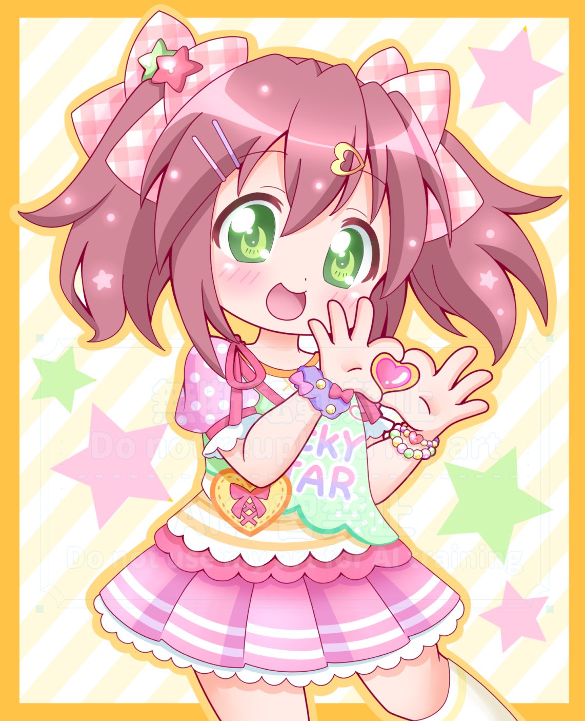 1girl, blush, bow, bracelet, copyright_name, frills, gingham_bow, green_eyes