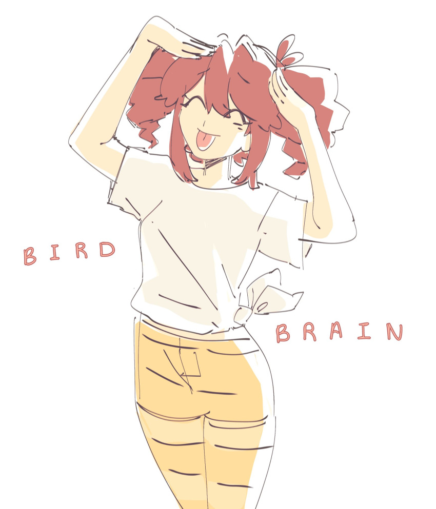 1girl, ah_eto..._bleh_(meme), ahoge, birdbrain_(synthesizer_v), closed_eyes, closed_mouth, drill_hair, hands_on_own_head, highres, kasane_teto, meme, pantyhose, red_hair, shirt, short_sleeves, shorts, sidelocks, solo, song_name, striped_clothes, striped_pantyhose, synthesizer_v, tongue, tongue_out, treebarkagain, twin_drills, twintails, white_background, white_shirt, yellow_pantyhose, yellow_shorts