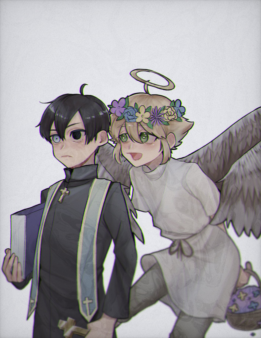 2boys, :d, ahoge, alternate_costume, angel, angel_wings, arms_behind_back, basil_(faraway)_(omori)