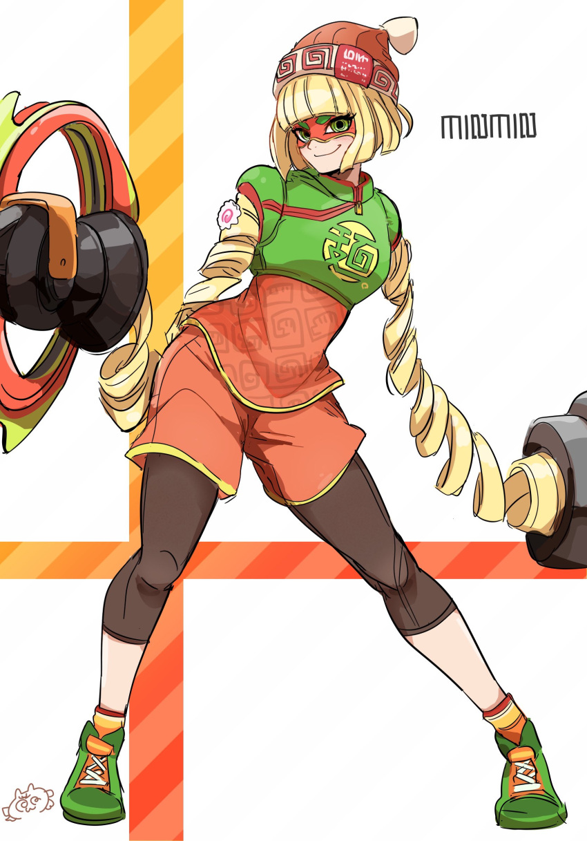 1girl, arms_(game), beanie, blonde_hair, blunt_bangs, domino_mask, green_eyes, green_shoes, hat, highres, leggings, leggings_under_shorts, mask, meandros, min_min_(arms), mugiten_10, orange_hat, orange_shorts, ramram_(arms), shoes, short_hair, shorts, smile, solo