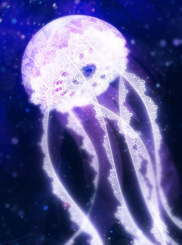 animal, dark, glowing, jellyfish, lace_print, light_particles, night, no_humans