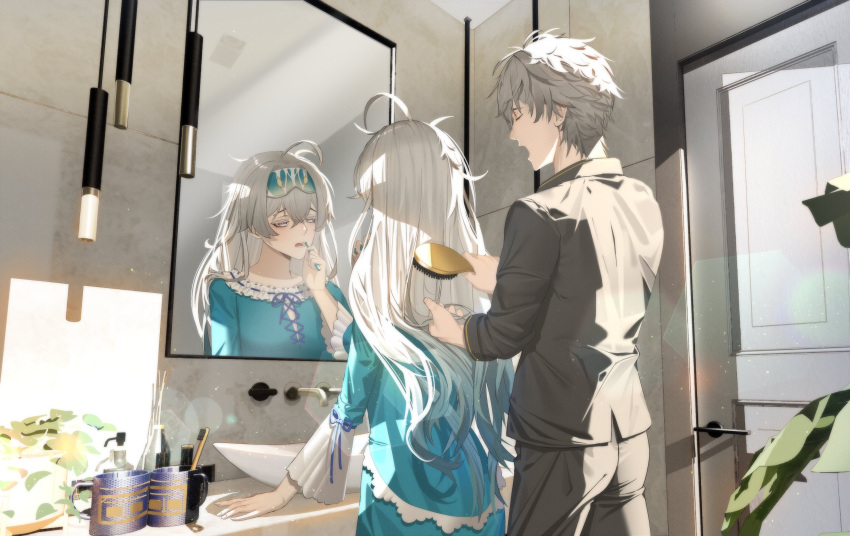 absurdres, aqua_pajamas, bathroom, black_pajamas, blindfold, blindfold_on_head, brushing_hair, brushing_teeth
