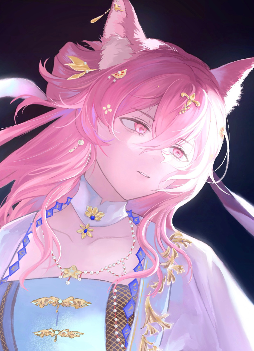 1girl, animal_ear_fluff, animal_ears, arknights, black_background, collarbone, commentary, dress, english_commentary, gold, hair_between_eyes, hair_ornament, highres, jewelry, livide, long_hair, looking_to_the_side, necklace, official_alternate_costume, parted_lips, pink_eyes, pink_hair, portrait, pozyomka_(arknights), pozyomka_(beside_dreams)_(arknights), solo, white_dress