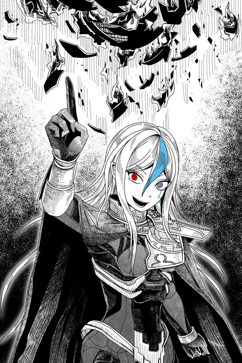 1girl, armor, blue_streaks, debris, facial_mark, heterochromia, highres, lakujox