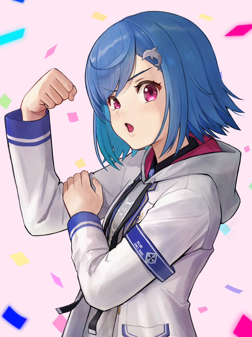 1girl, :o, absurdres, armband, blue_armband, blue_hair, clenched_hand, confetti