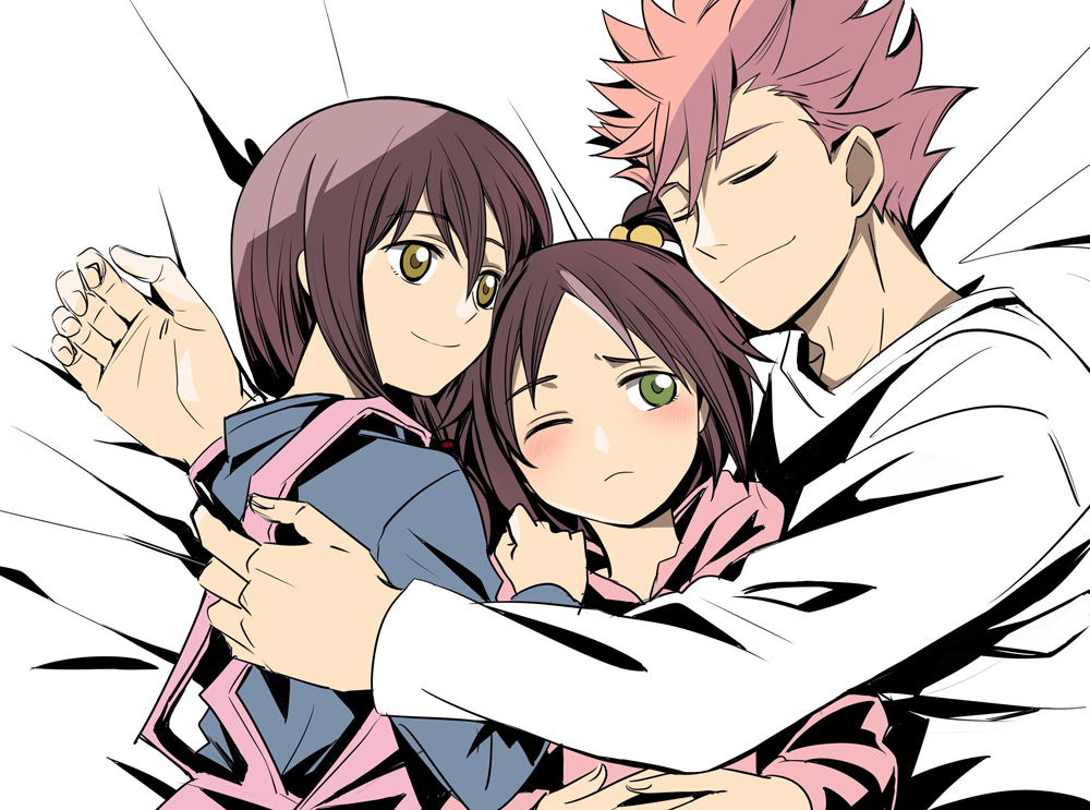 1boy, 2girls, apron, blush, brown_eyes, closed_eyes, closed_mouth, da_huang