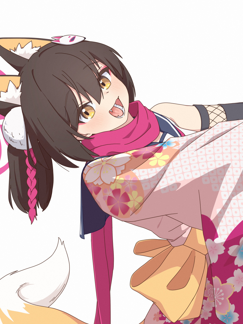 1girl, :d, absurdres, animal_ears, blue_archive, brown_hair, eyeshadow, fang