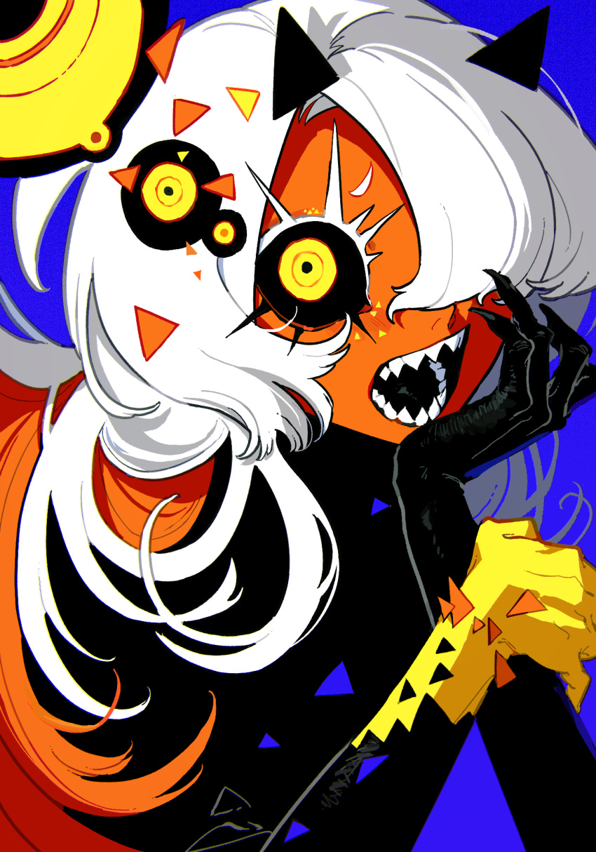 arm_spikes, black_sclera, black_skin, blue_background, colored_eyelashes, colored_sclera, colored_skin, disembodied_eye, fingernails, hair_over_one_eye, highres, horns, long_eyelashes, long_fingernails, long_hair, looking_at_viewer, material_growth, momomo_906, multicolored_hair, open_mouth, orange_hair, orange_skin, original, ringed_eyes, sharp_fingernails, sharp_teeth, spiked_skin, teeth, two-tone_hair, white_eyelashes, white_hair, yellow_eyes, yellow_skin