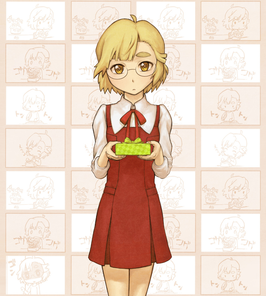 1girl, aoba_tsugumi, aoba_tsugumi_(cosplay), bandaid, blonde_hair, cooking, cosplay, eyebrows, gift, glasses, highres, holding, holding_gift, kannagi, kuro_ari_(pixiv), looking_at_viewer, perrine_h_clostermann, sawashiro_miyuki, school_uniform, seiyuu_connection, seiyuu_joke, short_hair, solo, strike_witches, yellow_eyes