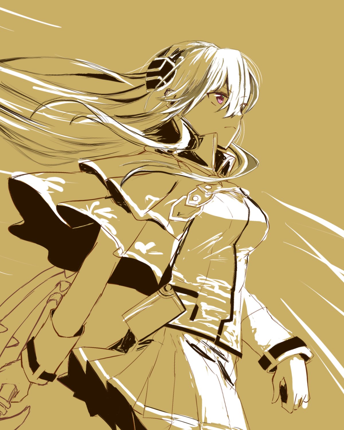 1girl, blonde_hair, breasts, capelet, hair_between_eyes, hair_ornament, heaven_burns_red, highres