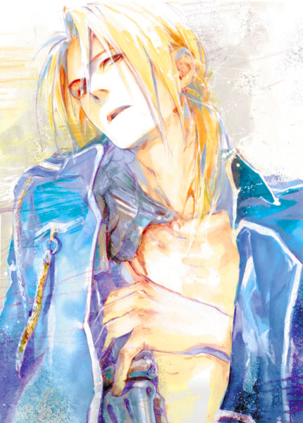 automail, blonde_hair, edward_elric, fullmetal_alchemist, long_hair, male, open_clothes, open_shirt
