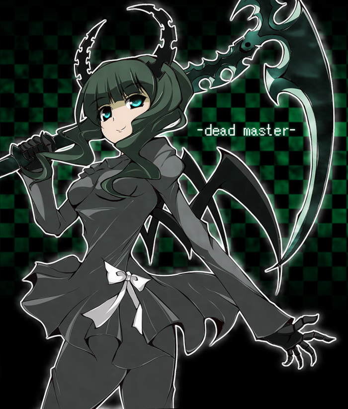 bad_id, black_legwear, black_rock_shooter, bow, character_name, checkered, checkered_background, dead_master, dress, gloves, green_hair, horns, kaga_taichi, pantyhose, payot, ribbon, saga_taichi, scythe, short_hair, smile, solo