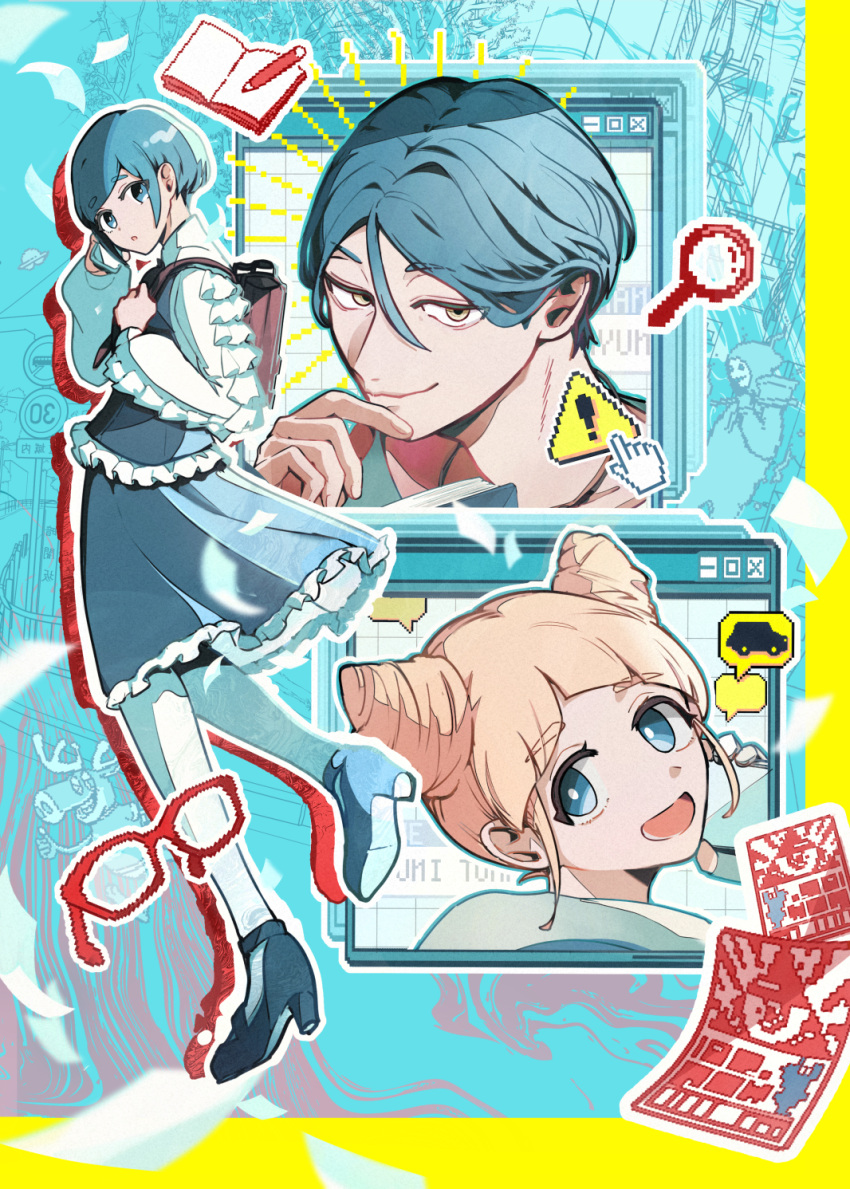 1boy, 2girls, :d, axeman_(toshi_densetsu_kaitai_center), blonde_hair, blue_eyes, blue_hair, blue_skirt