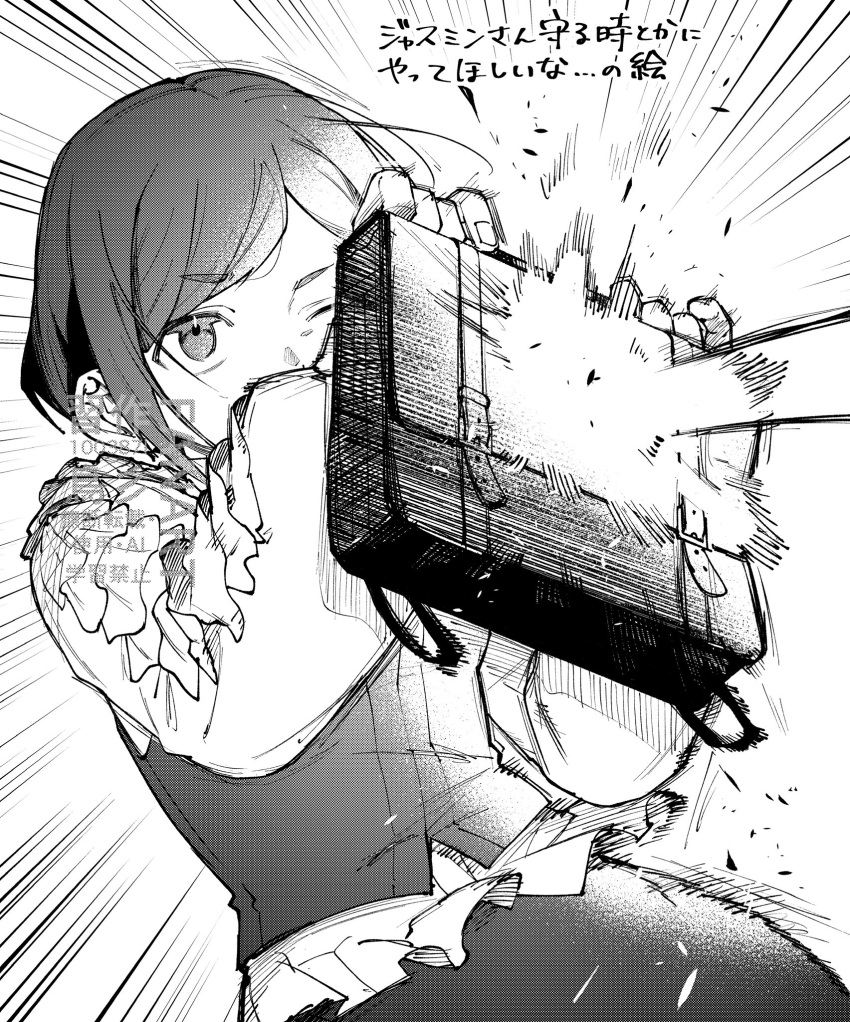 100387l, 1girl, backpack, bag, commentary_request, cowboy_shot, emphasis_lines, frilled_shirt
