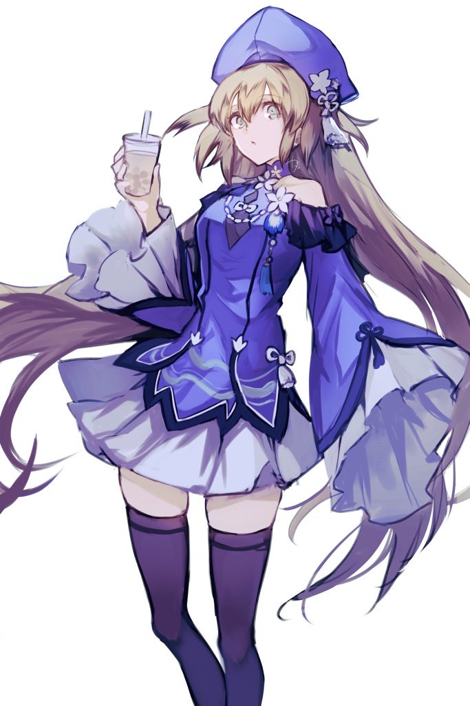 1girl, artoria_caster_(concept_dress)_(fate), artoria_caster_(fate), artoria_pendragon_(fate), bare_shoulders, black_thighhighs, blonde_hair, blue_dress, blue_hat, breasts, cowboy_shot, cup, dress, fate/grand_order, fate_(series), green_eyes, hair_between_eyes, hat, holding, holding_cup, kashia, long_hair, long_sleeves, looking_at_viewer, simple_background, solo, standing, tassel, thigh-highs, twintails, white_background