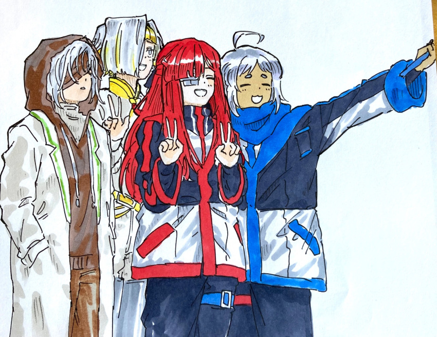4girls, ahoge, aya_(project_moon), black_bow, black_jacket, black_pants, blonde_hair, blue_scarf