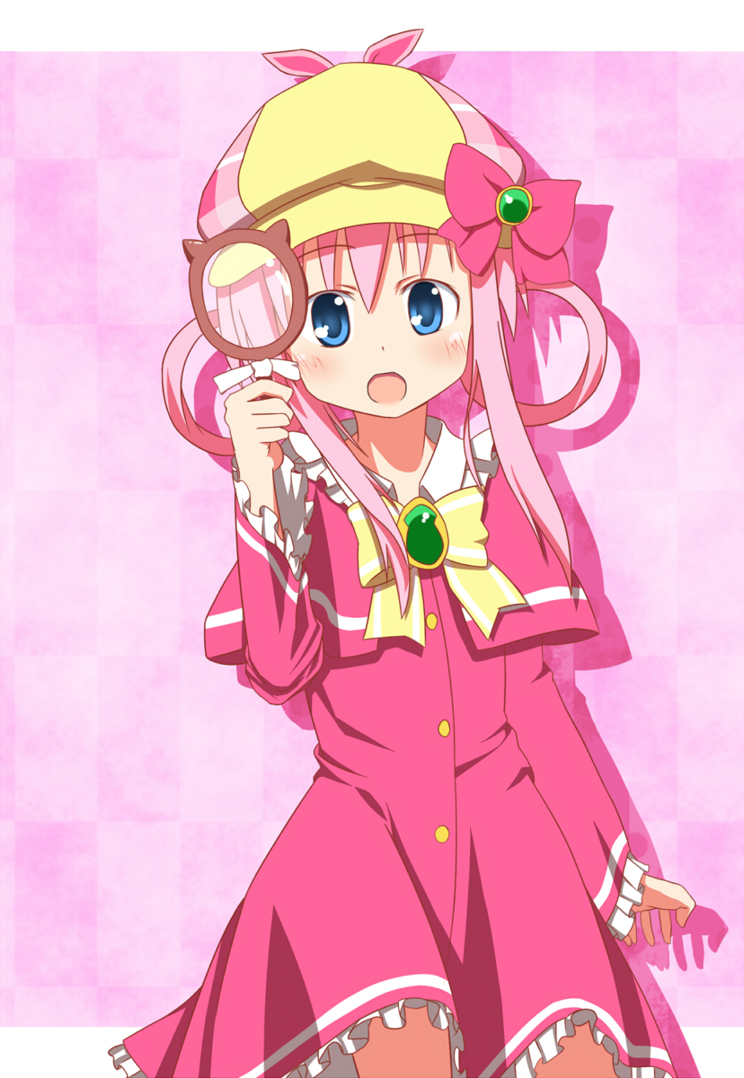 :o, bow, brooch, coat, dress, hair_rings, hat, highres, ikauchi_mitsuaki, jewelry, magnifying_glass, payot, pink_hair, ribbon, shawl, sherlock_shellingford, short_hair, solo, tantei_opera_milky_holmes