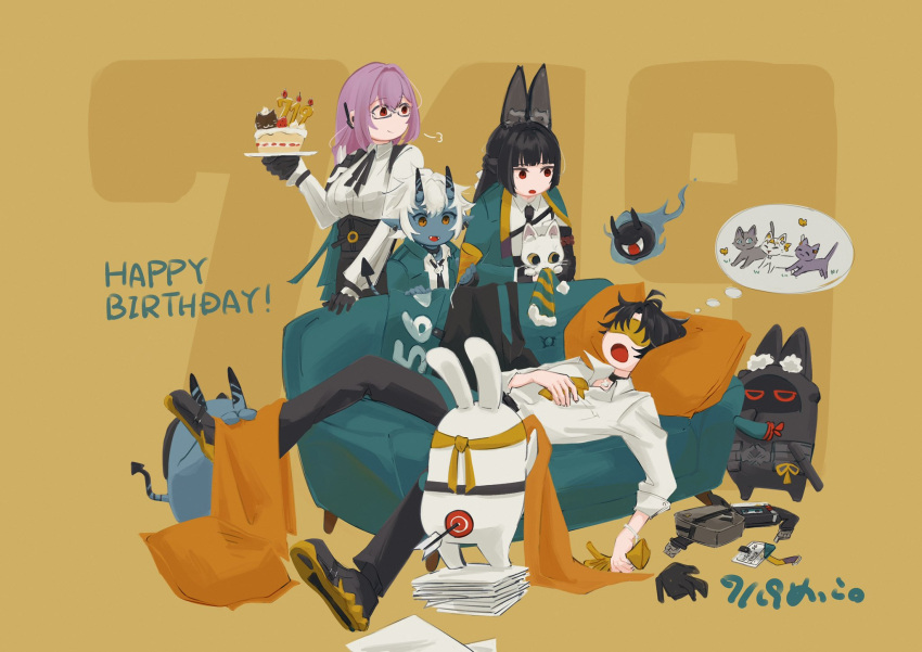 1boy, 3girls, animal_ear_fluff, animal_ears, asaba_harumasa, asaba_harumasa_(cat), asaboo_(zenless_zone_zero), black_hair, black_skirt, blue_skin, blunt_bangs, closed_eyes, closed_mouth, colored_skin, dress_shirt, fox_ears, fox_girl, glasses, hair_between_eyes, high-waist_skirt, highres, horns, hoshimi_miyabi, long_hair, ma36me_kco, miyaboo_(zenless_zone_zero), multiple_girls, pencil_skirt, pink_eyes, pink_hair, shirt, sidelocks, skirt, sleeping, smile, soukaku_(cat), soukaku_(zenless_zone_zero), standing, tailless_(zenless_zone_zero), tsukishiro_yanagi, white_shirt, zenless_zone_zero