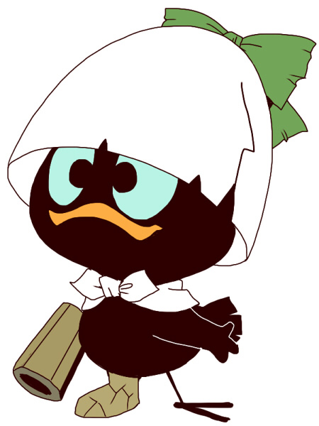 animal_focus, arm_cannon, bird, bow, calimero, calimero_(character), cape, commentary_request