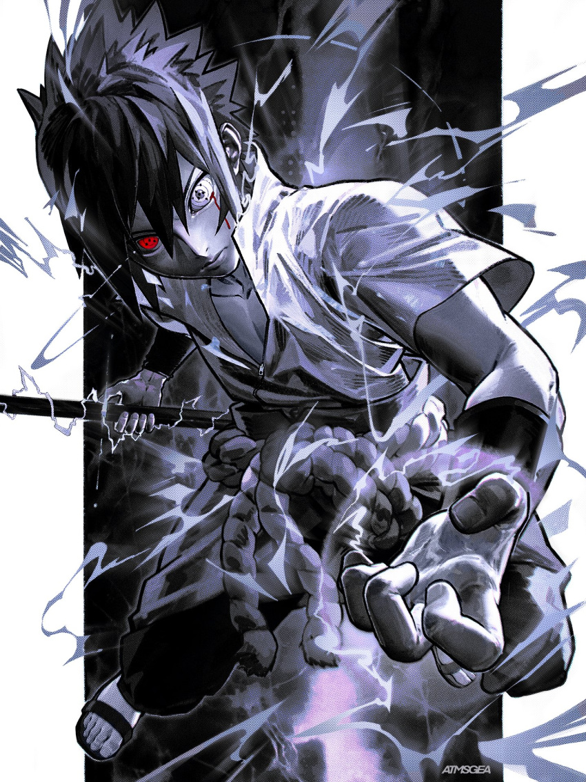 1boy, atmosgear, black_eyes, black_shorts, electricity, highres, mangekyou_sharingan, mega_man_(series)