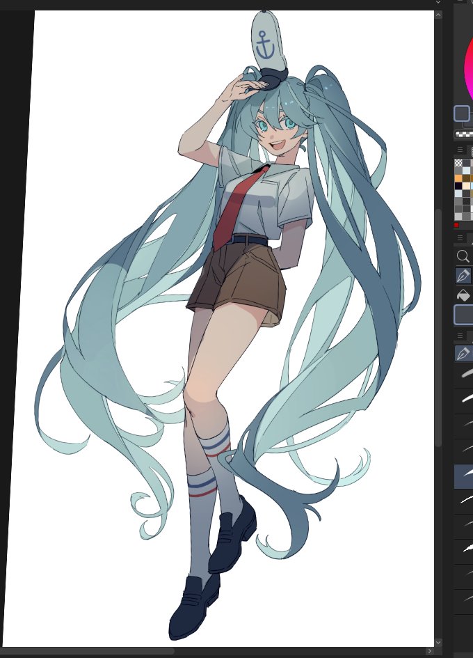 1girl, adjusting_clothes, adjusting_headwear, arm_behind_back, art_program_in_frame, black_shoes, blue_eyes, blue_hair