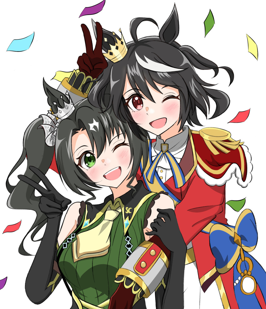 2girls, ;d, abyss_kpn_(ki), ahoge, animal_ears, black_gloves, black_hair, black_suspenders