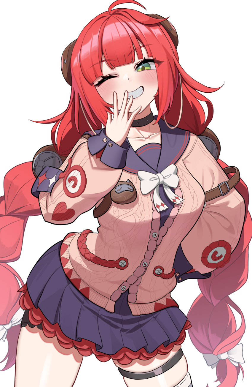 1girl, arm_behind_back, black_sailor_collar, bow, braid, cardigan, clenched_teeth, green_eyes