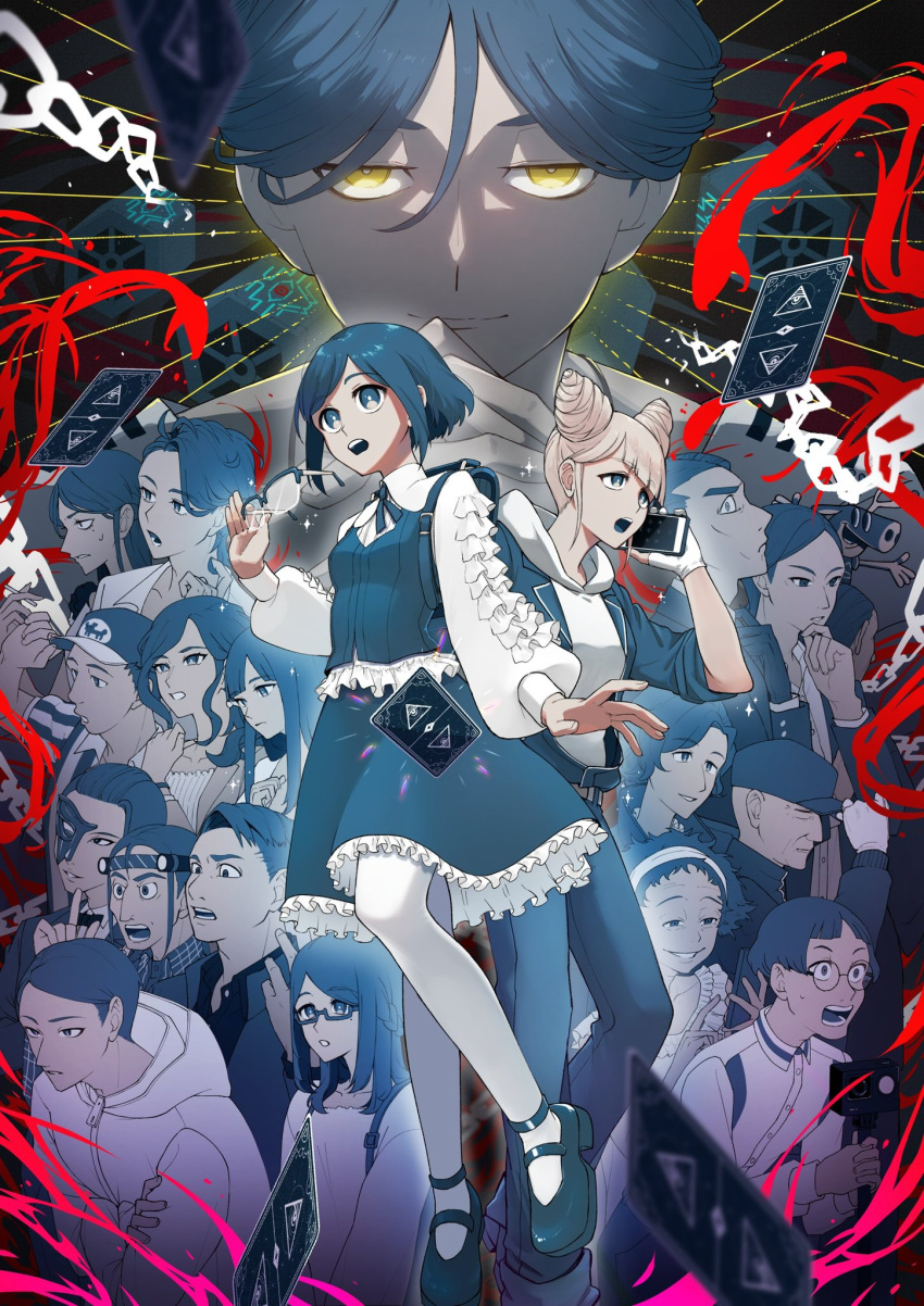 6+boys, 6+girls, adjusting_eyewear, baseball_cap, blue_eyes, blue_hair, card, chain