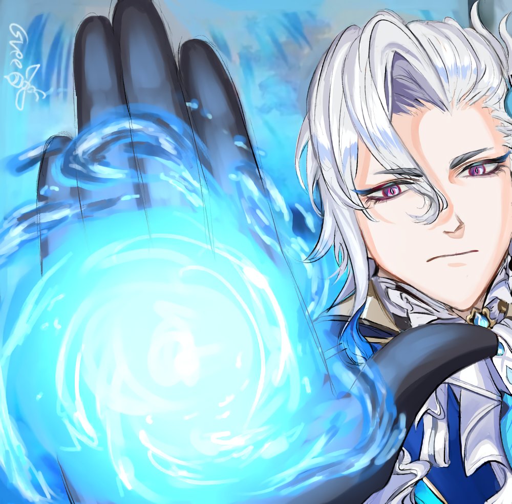 1boy, ascot, biden_blast_(meme), black_bow, black_gloves, blue_background, blue_coat, bow