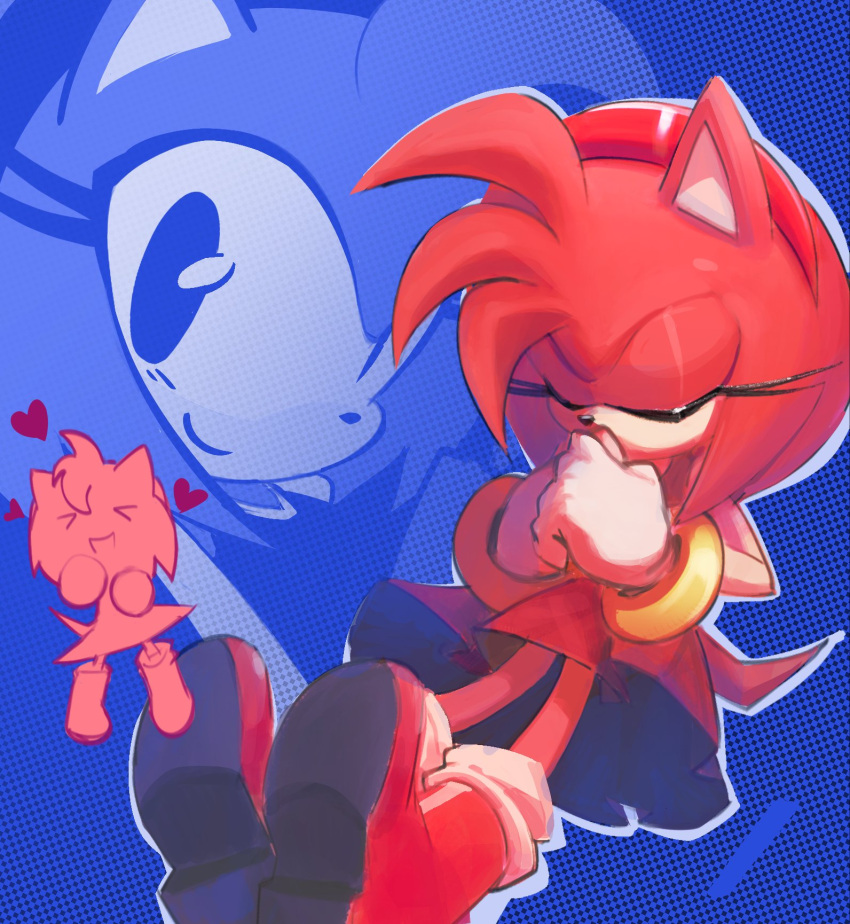 >_<, 1girl, amy_rose, animal_nose, blue_background, bracelet, closed_eyes, color_contrast