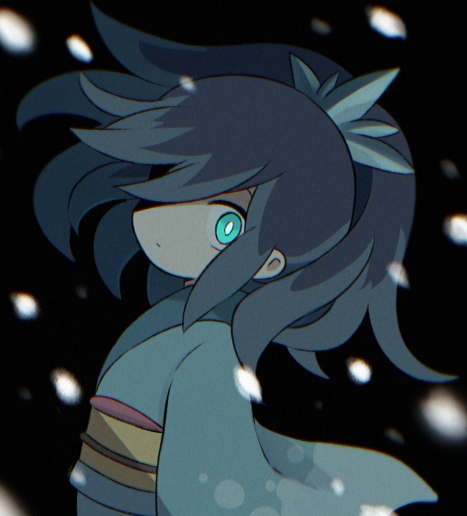 1girl, black_background, blue_eyes, blue_hair, blue_kimono, bright_pupils, fubukihime, japanese_clothes