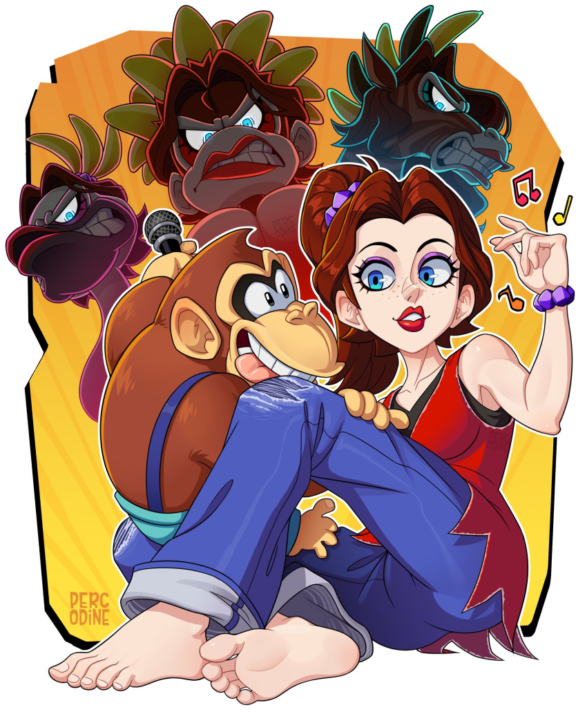 1girl, artist_name, barefoot, blue_eyes, blue_pants, bracelet, brown_fur, brown_hair